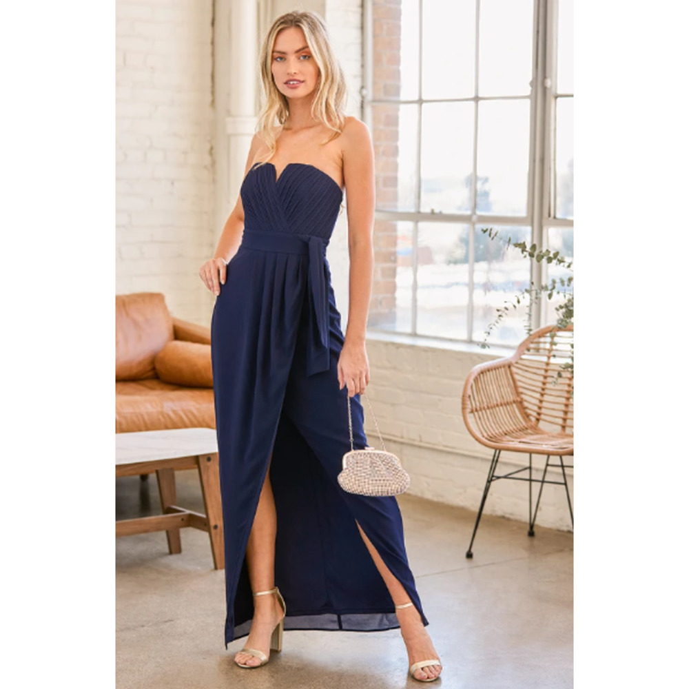 Lulu's Easy Elegance Navy Blue Pleated Strapless Maxi Dress XS